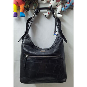 Dooney & Bourke Black Leather Crocodile Embossed Zipper Pocket Hobo Shoulder Bag